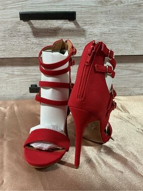 Women's Red Strappy Stiletto Heels with Buckle Accents